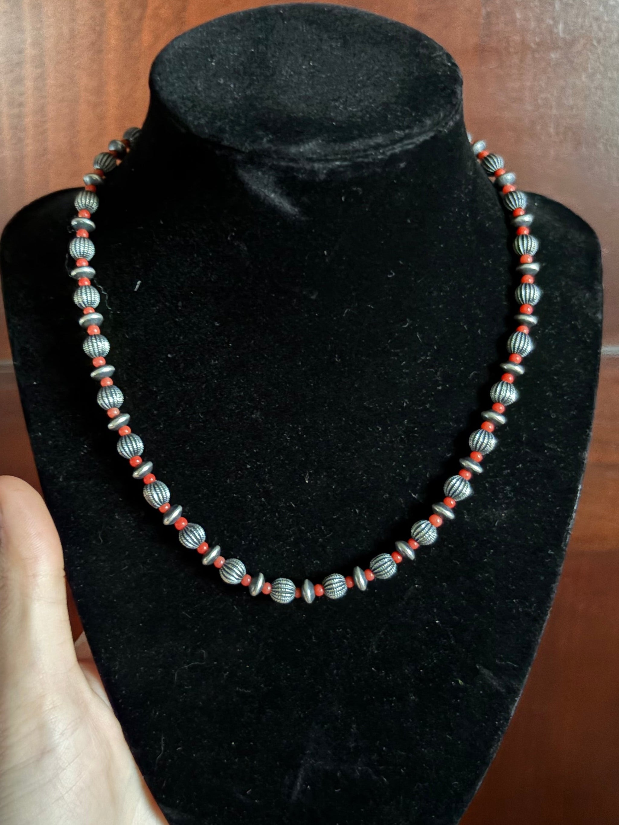 Red Coral and Sterling Silver Pearl Necklace